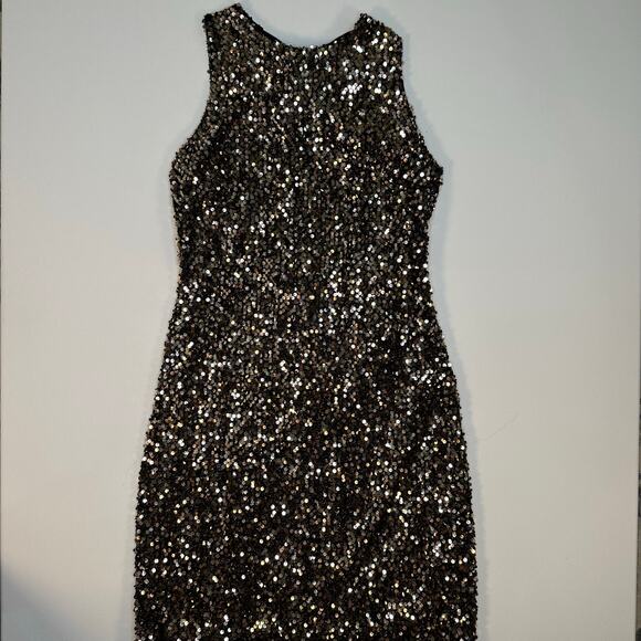 Sam Edelman Bronze Gold Sequin Shift Dress With Back Neck Bow Tie Detail - Picture 1 of 8